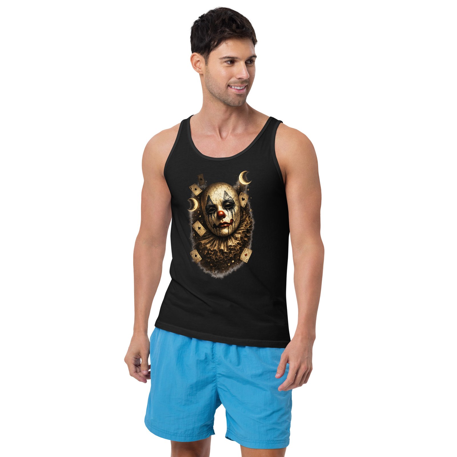 Męska koszulka na ramiączkach „Mroczny Klaun” – koszulka tank top z artystyczną maską klauna| Zarn.pl koszulka tank top z artystyczną maską klauna