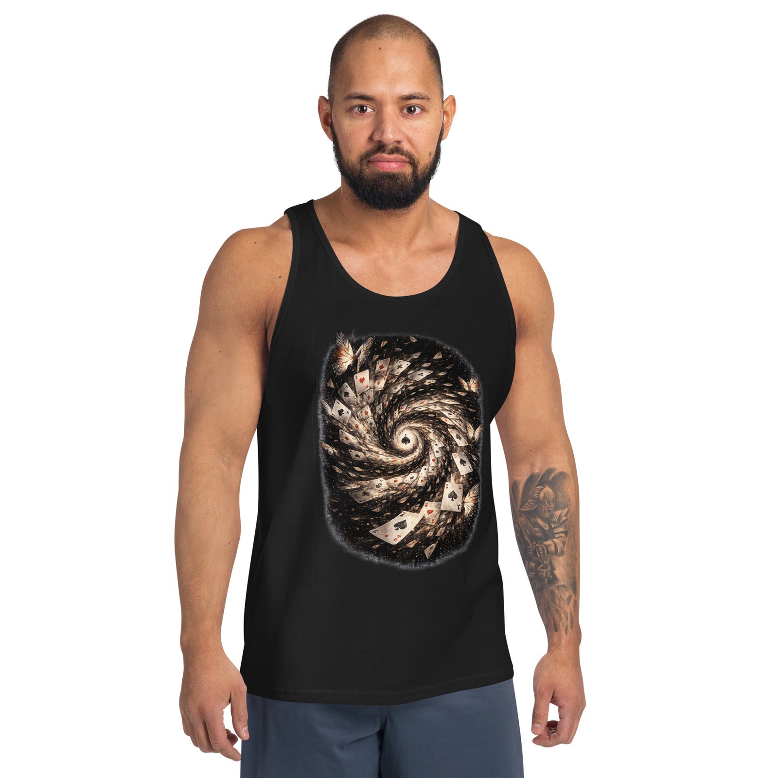 Męska koszulka na ramiączkach „Wir Kart” – koszulka tank top z surrealistycznym motywem kart do gry| Zarn.pl koszulka tank top z surrealistycznym motywem kart do gry