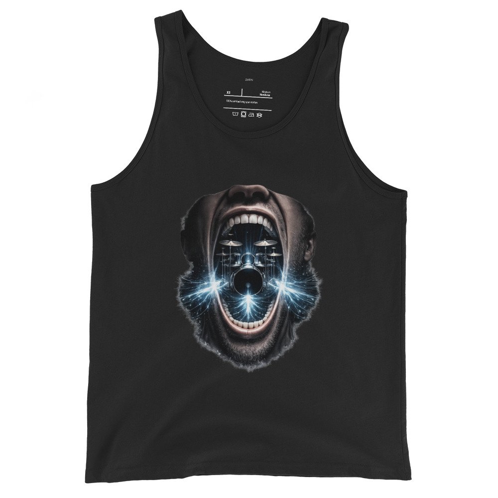 Męska koszulka na ramiączkach „Krzyk Perkusji” – koszulka tank top z surrealistycznym motywem perkusji| Zarn.pl Męska koszulka na ramiączkach „Krzyk Perkusji” – koszulka tank top z surrealistycznym motywem perkusji - obrazek 2
