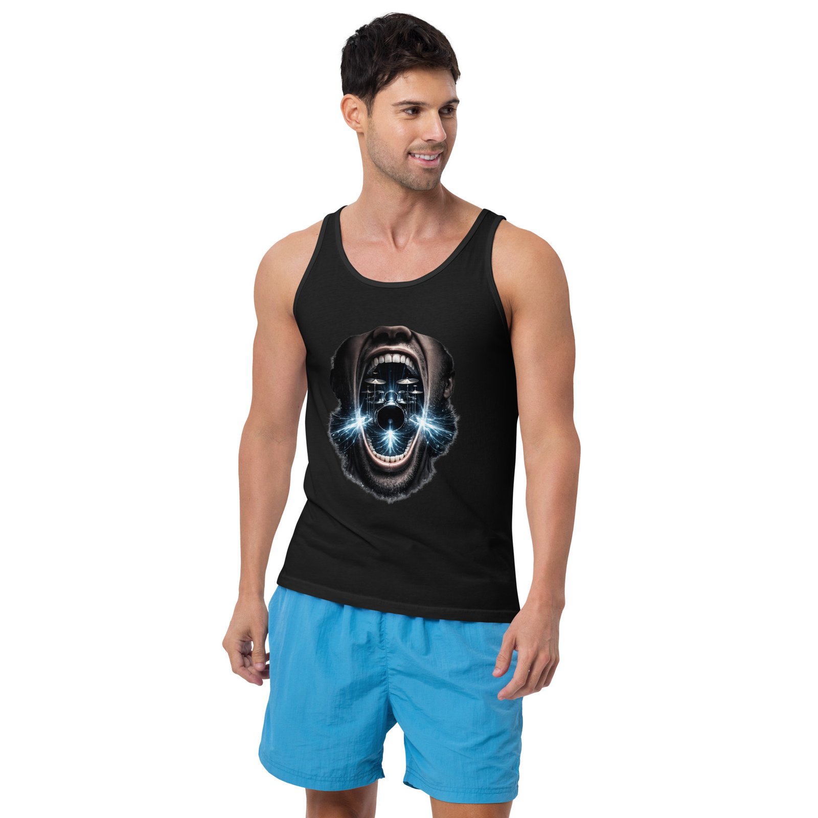 Męska koszulka na ramiączkach „Krzyk Perkusji” – koszulka tank top z surrealistycznym motywem perkusji| Zarn.pl koszulka tank top z surrealistycznym motywem perkusji