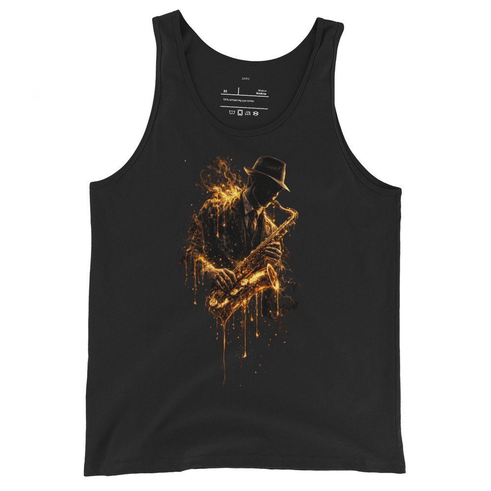 Koszulka na ramiączkach „Golden Jazz Soul” – artystyczna koszulka tank top z saksofonistą jazzowym| Zarn.pl Koszulka na ramiączkach „Golden Jazz Soul” – artystyczna koszulka tank top z saksofonistą jazzowym - obrazek 2