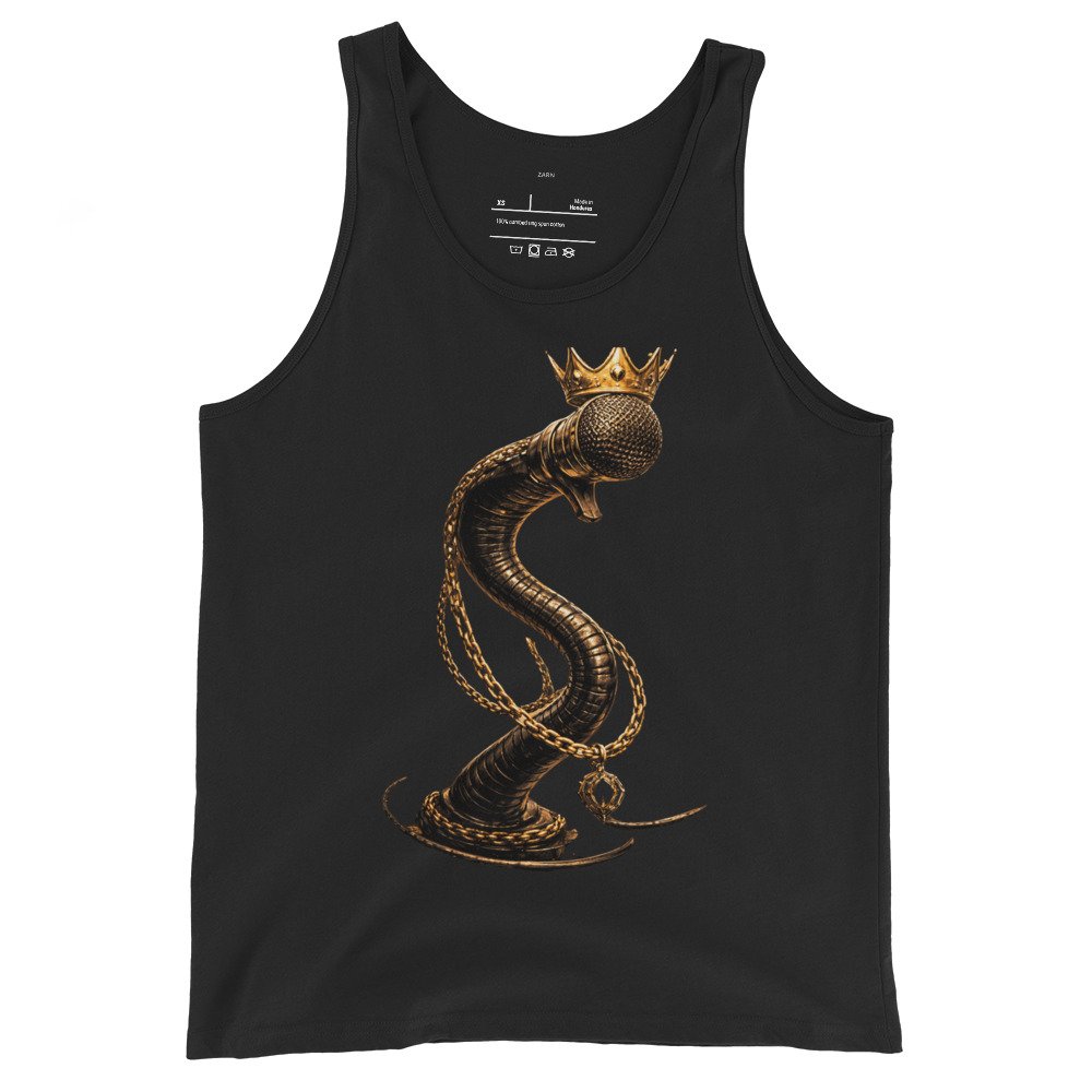 Koszulka na ramiączkach „Royal Flow” – artystyczna koszulka tank top z mikrofonem i złotym wężem| Zarn.pl Koszulka na ramiączkach „Royal Flow” – artystyczna koszulka tank top z mikrofonem i złotym wężem - obrazek 2