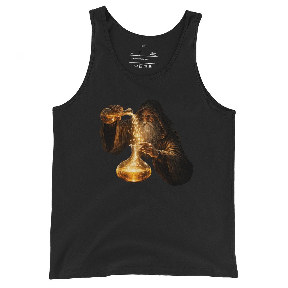 Koszulka na ramiączkach „Golden Alchemist” – artystyczna koszulka tank top alchemik fantasy| Zarn.pl Koszulka na ramiączkach „Golden Alchemist” – artystyczna koszulka tank top alchemik fantasy - obrazek 2