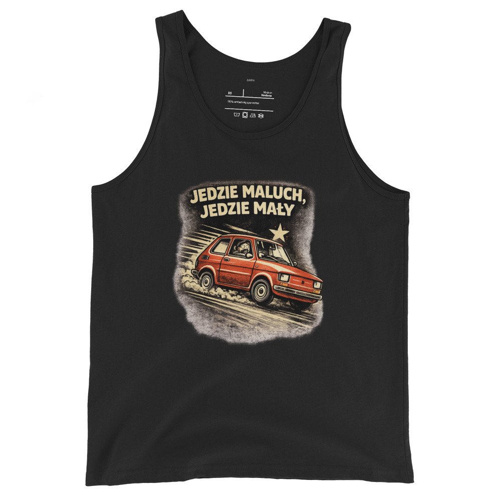 Męska koszulka na ramiączkach „Jedzie Maluch, Jedzie Mały” – tank top PRL z kultowym Fiatem 126p| Zarn.pl Męska koszulka na ramiączkach „Jedzie Maluch, Jedzie Mały” – tank top PRL z kultowym Fiatem 126p - obrazek 2
