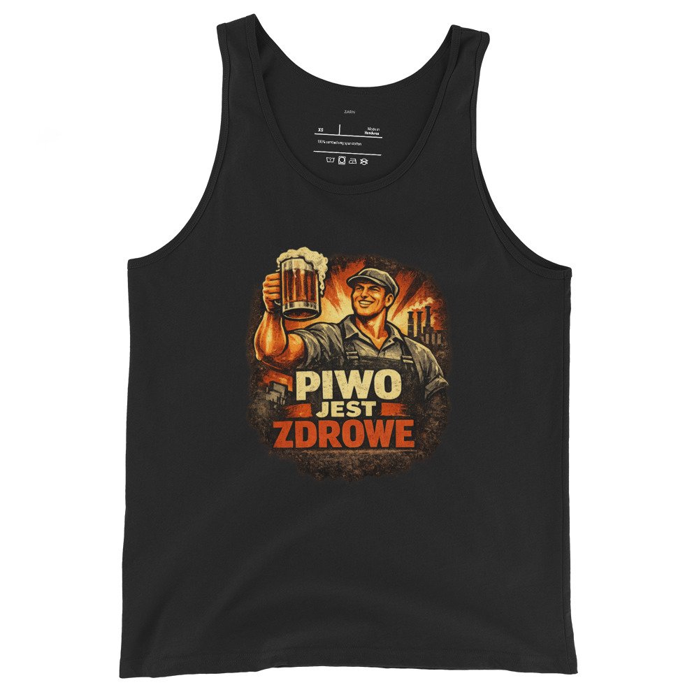 Męska koszulka na ramiączkach „Piwo Jest Zdrowe” – tank top PRL z piwną grafiką retro| Zarn.pl Męska koszulka na ramiączkach „Piwo Jest Zdrowe” – tank top PRL z piwną grafiką retro - obrazek 2