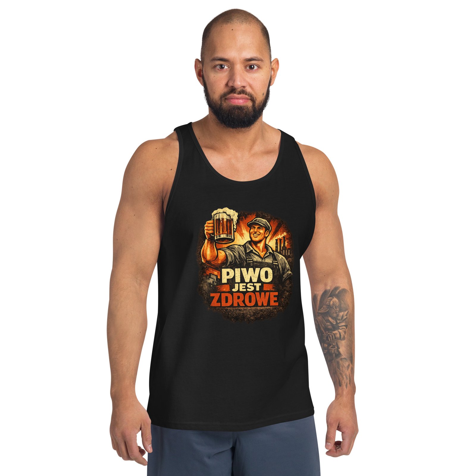 Męska koszulka na ramiączkach „Piwo Jest Zdrowe” – tank top PRL z piwną grafiką retro| Zarn.pl męska koszulka na ramiączkach PRL z piwem