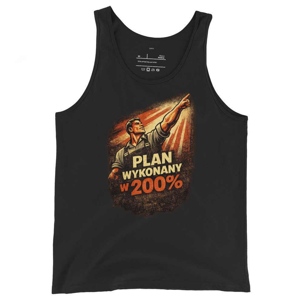 Męska koszulka na ramiączkach „Plan Wykonany w 200%” – tank top PRL z propagandową grafiką retro| Zarn.pl Męska koszulka na ramiączkach „Plan Wykonany w 200%” – tank top PRL z propagandową grafiką retro - obrazek 2
