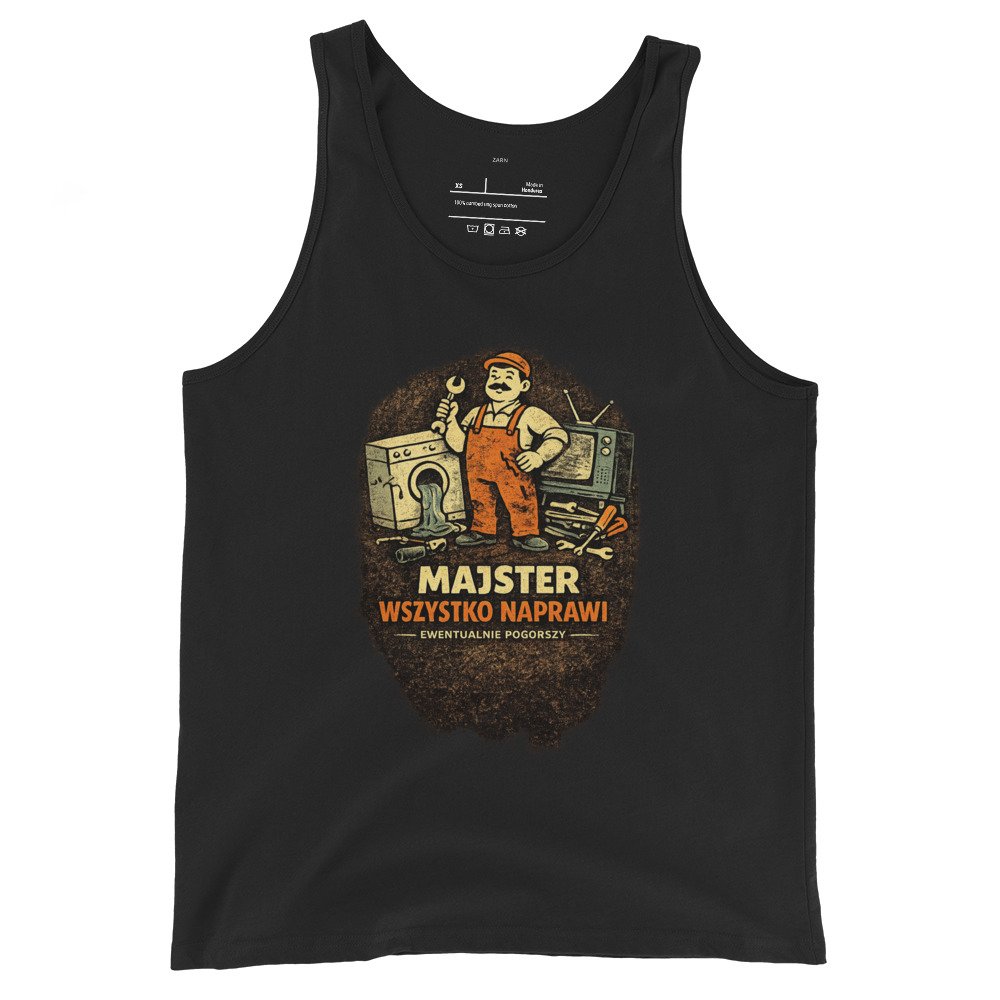 Męska koszulka na ramiączkach „Majster Wszystko Naprawi” – tank top PRL z humorystycznym mechanikiem retro| Zarn.pl Męska koszulka na ramiączkach „Majster Wszystko Naprawi” – tank top PRL z humorystycznym mechanikiem retro - obrazek 2
