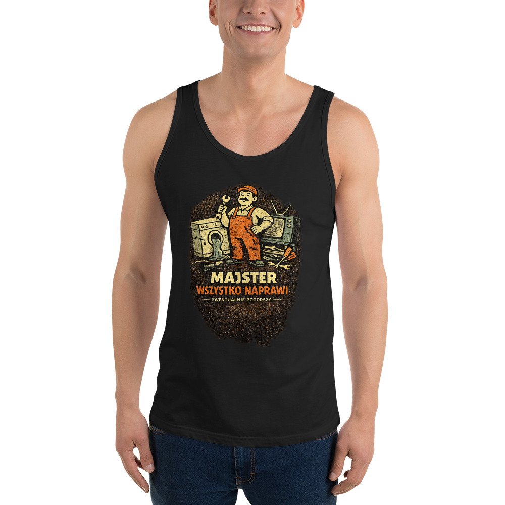 Męska koszulka na ramiączkach „Majster Wszystko Naprawi” – tank top PRL z humorystycznym mechanikiem retro| Zarn.pl męska koszulka na ramiączkach PRL dla majstra