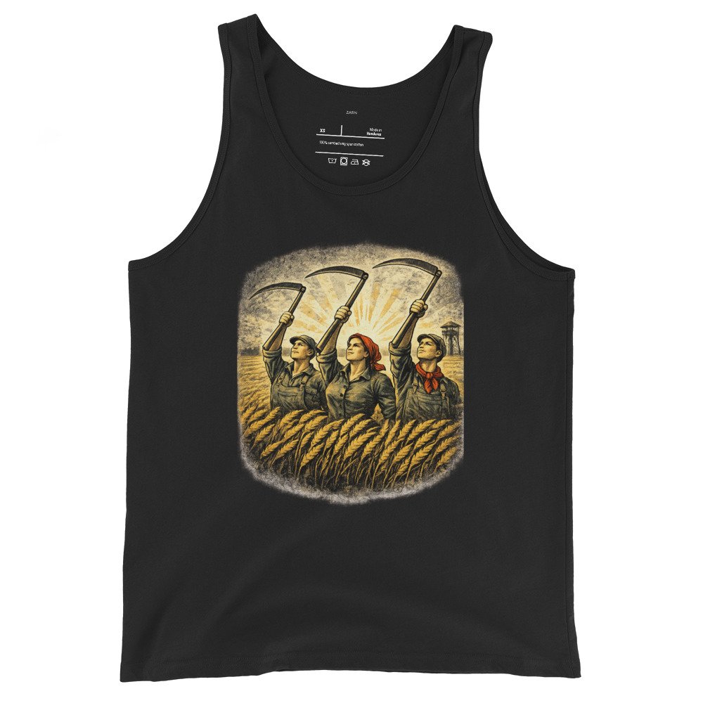 Męska koszulka na ramiączkach „Żniwa PRL” – tank top retro z rolnikami i kosami| Zarn.pl Męska koszulka na ramiączkach „Żniwa PRL” – tank top retro z rolnikami i kosami - obrazek 2