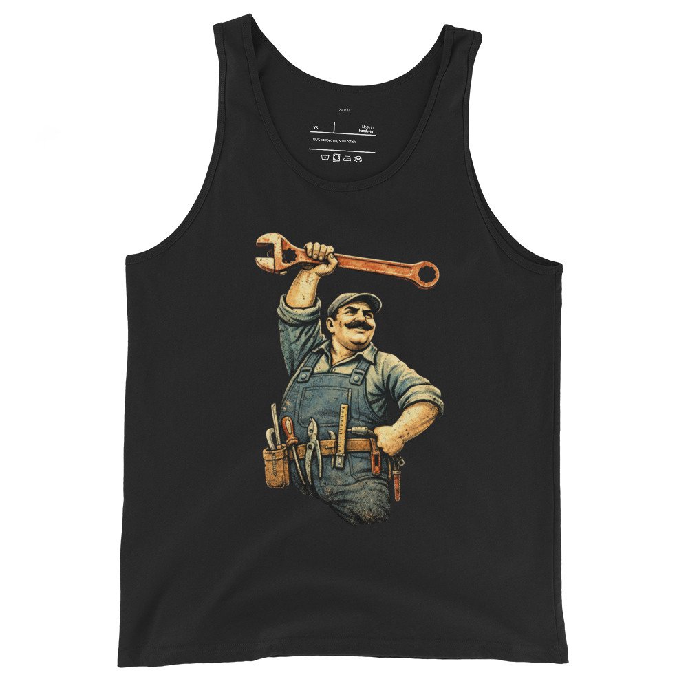 Męska koszulka na ramiączkach „Majster PRL” – tank top retro z mechanikiem i kluczem francuskim| Zarn.pl Męska koszulka na ramiączkach „Majster PRL” – tank top retro z mechanikiem i kluczem francuskim - obrazek 2