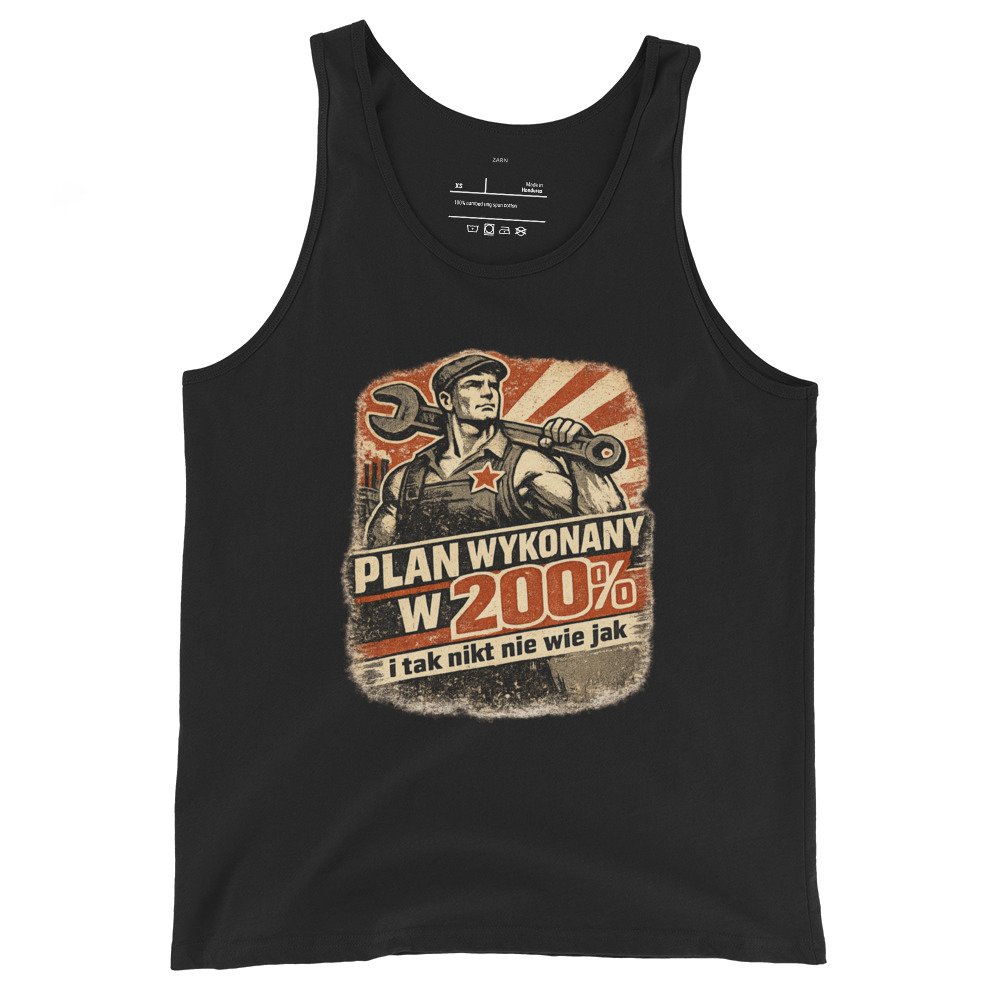 Męska koszulka na ramiączkach „Plan Wykonany w 200%” – tank top PRL z mechanikiem retro| Zarn.pl Męska koszulka na ramiączkach „Plan Wykonany w 200%” – tank top PRL z mechanikiem retro - obrazek 2