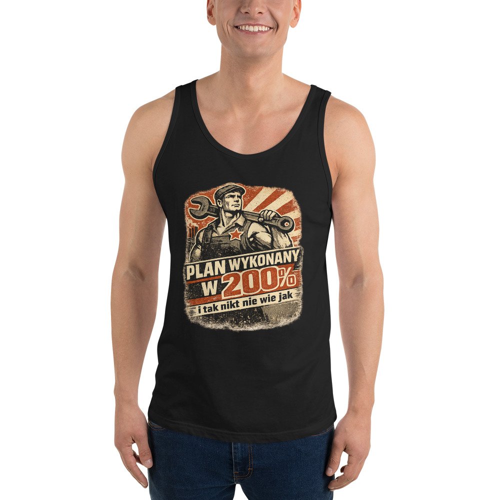 Męska koszulka na ramiączkach „Plan Wykonany w 200%” – tank top PRL z mechanikiem retro| Zarn.pl męska koszulka na ramiączkach PRL z mechanikiem