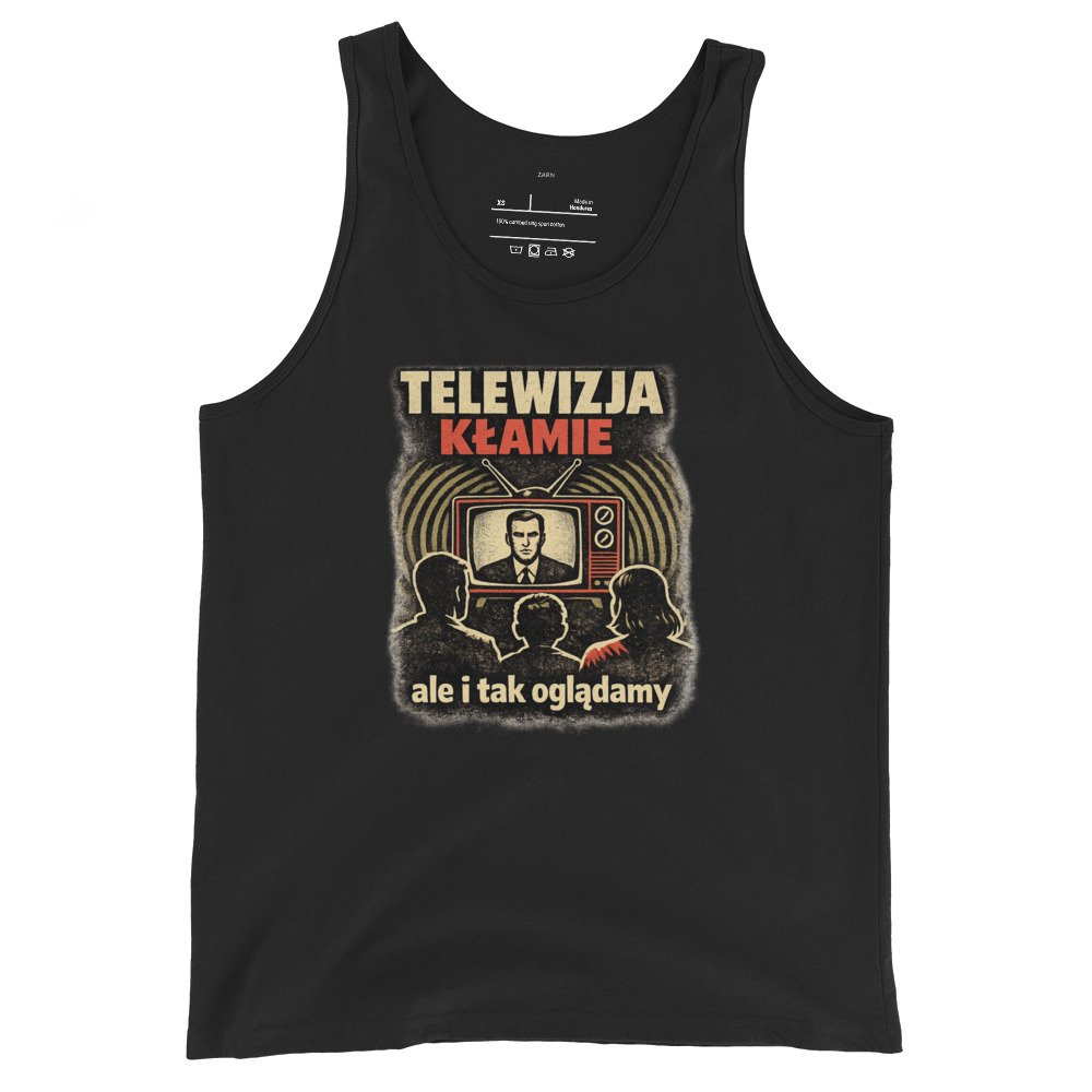 Męska koszulka na ramiączkach „Telewizja Kłamie” – tank top PRL z telewizorem retro| Zarn.pl Męska koszulka na ramiączkach „Telewizja Kłamie” – tank top PRL z telewizorem retro - obrazek 2