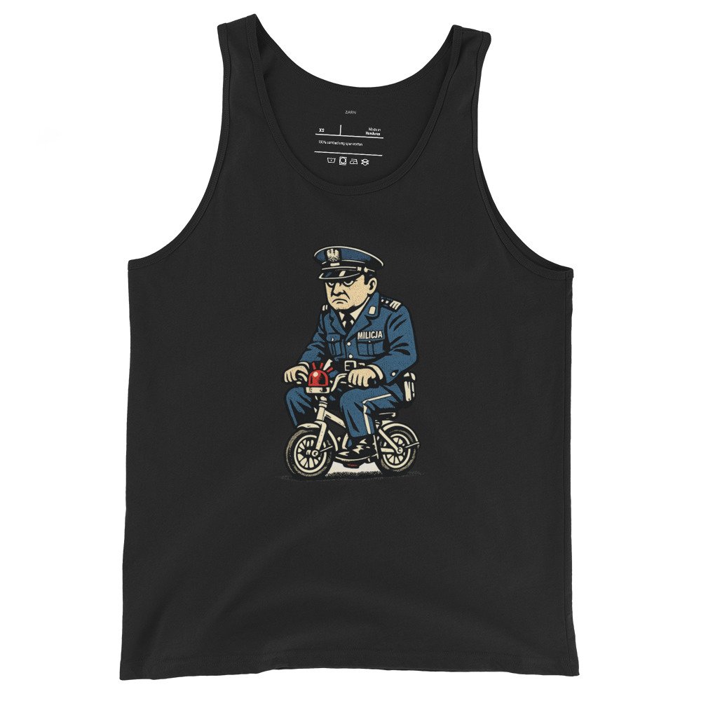 Męska koszulka na ramiączkach „Milicjant PRL” – tank top retro z milicją i rowerkiem| Zarn.pl Męska koszulka na ramiączkach „Milicjant PRL” – tank top retro z milicją i rowerkiem - obrazek 2