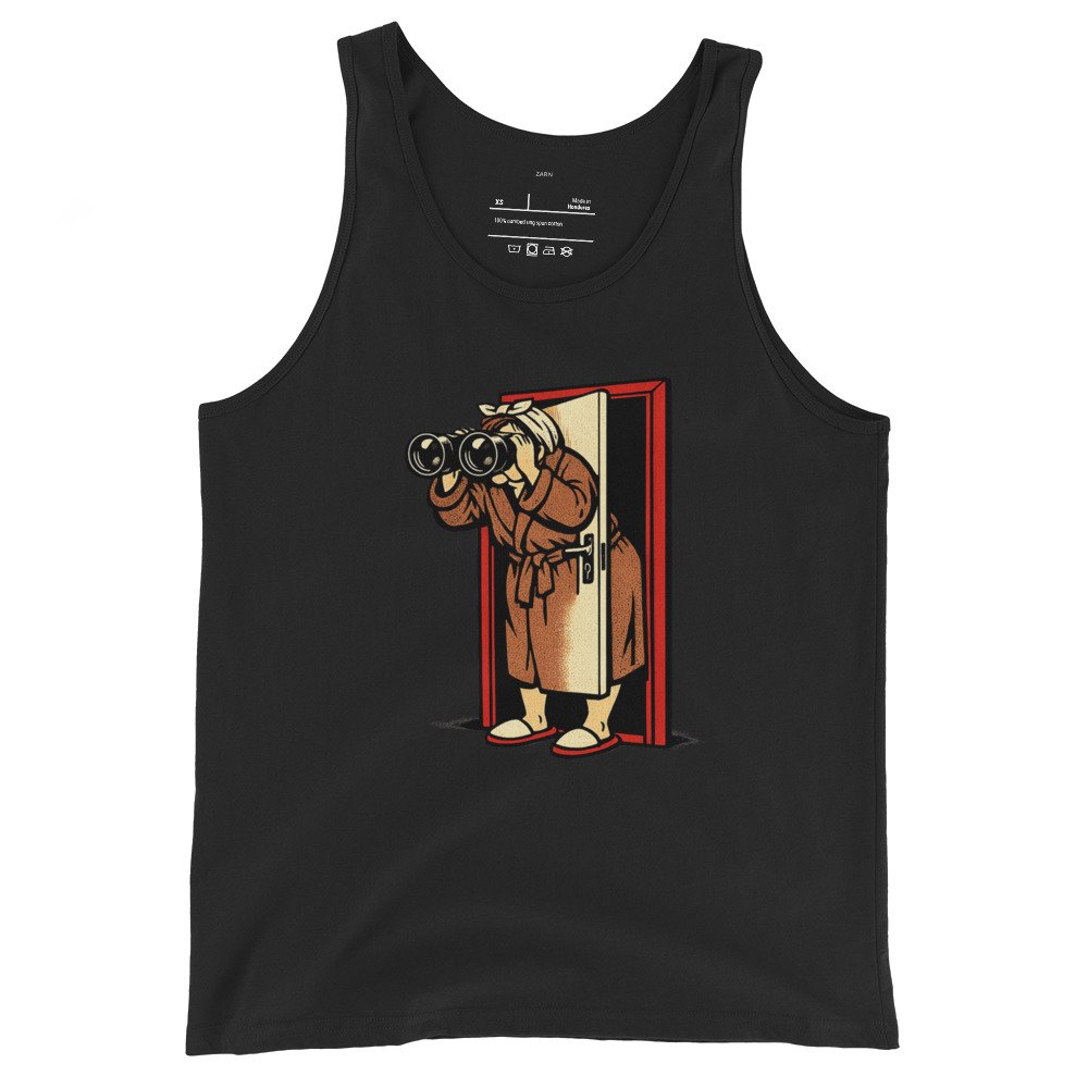 Męska koszulka na ramiączkach „Sąsiadka PRL” – tank top retro z lornetką i humorem vintage| Zarn.pl Męska koszulka na ramiączkach „Sąsiadka PRL” – tank top retro z lornetką i humorem vintage - obrazek 2