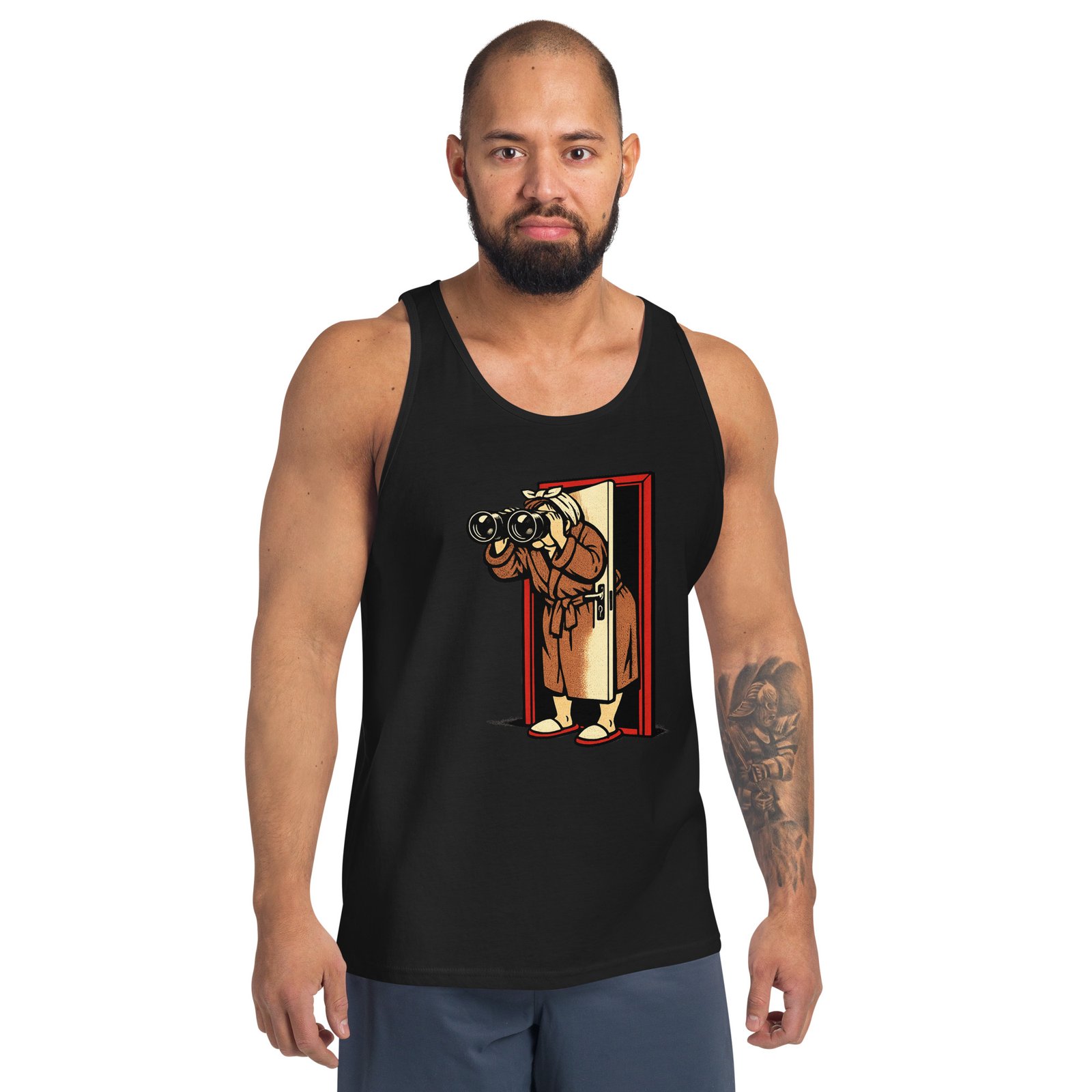 Męska koszulka na ramiączkach „Sąsiadka PRL” – tank top retro z lornetką i humorem vintage| Zarn.pl męska koszulka na ramiączkach PRL z zabawną sąsiadką