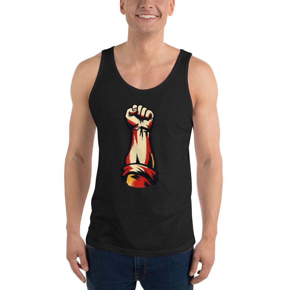 Koszulka na ramiączkach PRL „Zaciśnięta Pięść” – tank top retro propaganda| Zarn.pl męska koszulka na ramiączkach PRL z zaciśniętą pięścią