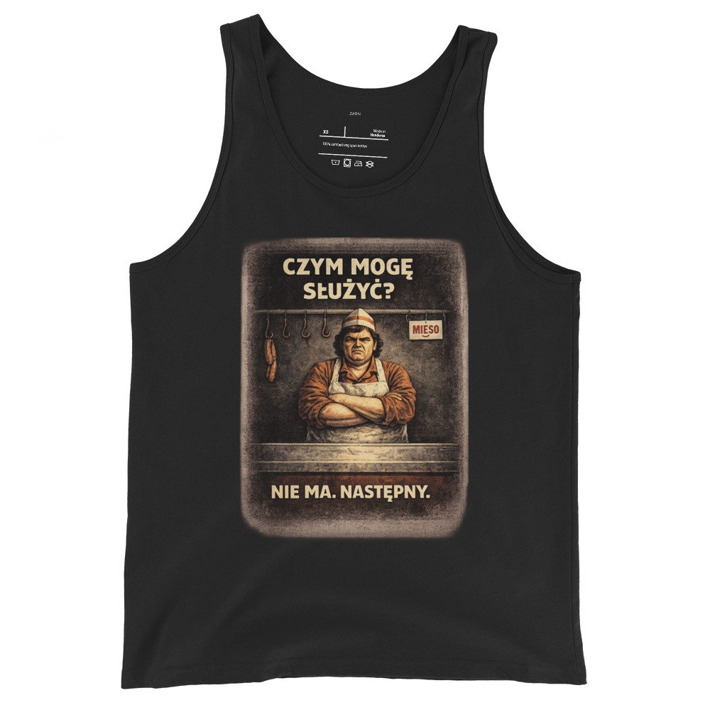 Koszulka na ramiączkach PRL „Czym Mogę Służyć? Nie Ma. Następny.” – tank top retro sklep mięsny| Zarn.pl Koszulka na ramiączkach PRL „Czym Mogę Służyć? Nie Ma. Następny.” – tank top retro sklep mięsny - obrazek 2