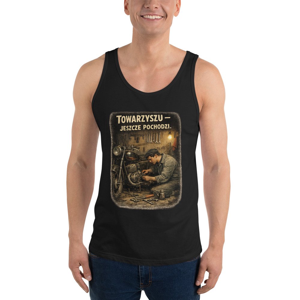 Koszulka na ramiączkach PRL „Towarzyszu – Jeszcze Pochodzi” – tank top mechanik motocykl retro| Zarn.pl Koszulka na ramiączkach PRL „Towarzyszu – Jeszcze Pochodzi” – tank top mechanik motocykl retro - obrazek 8