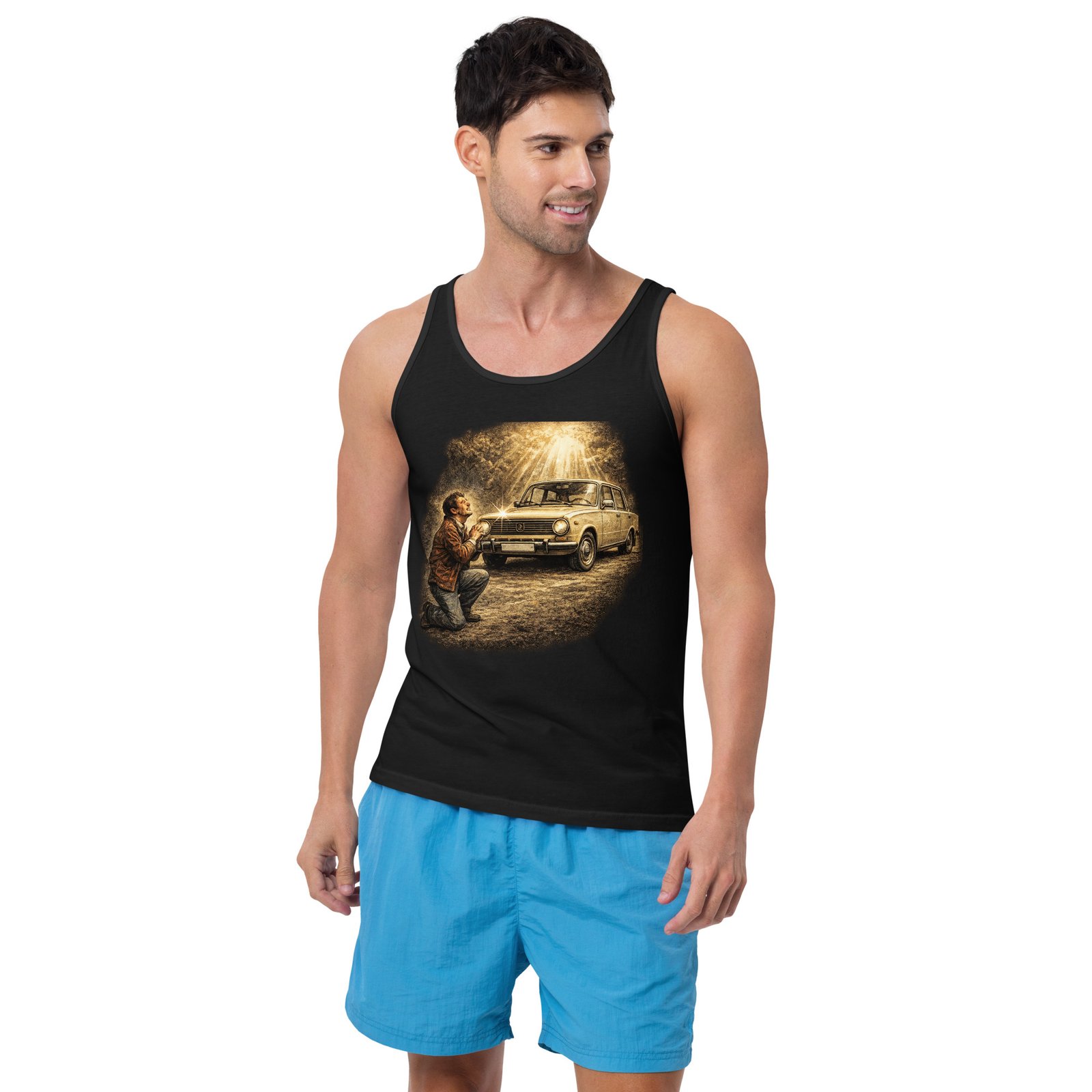 Koszulka na ramiączkach PRL „Cud Motoryzacji” – tank top retro samochód vintage| Zarn.pl męska koszulka na ramiączkach retro samochód PRL