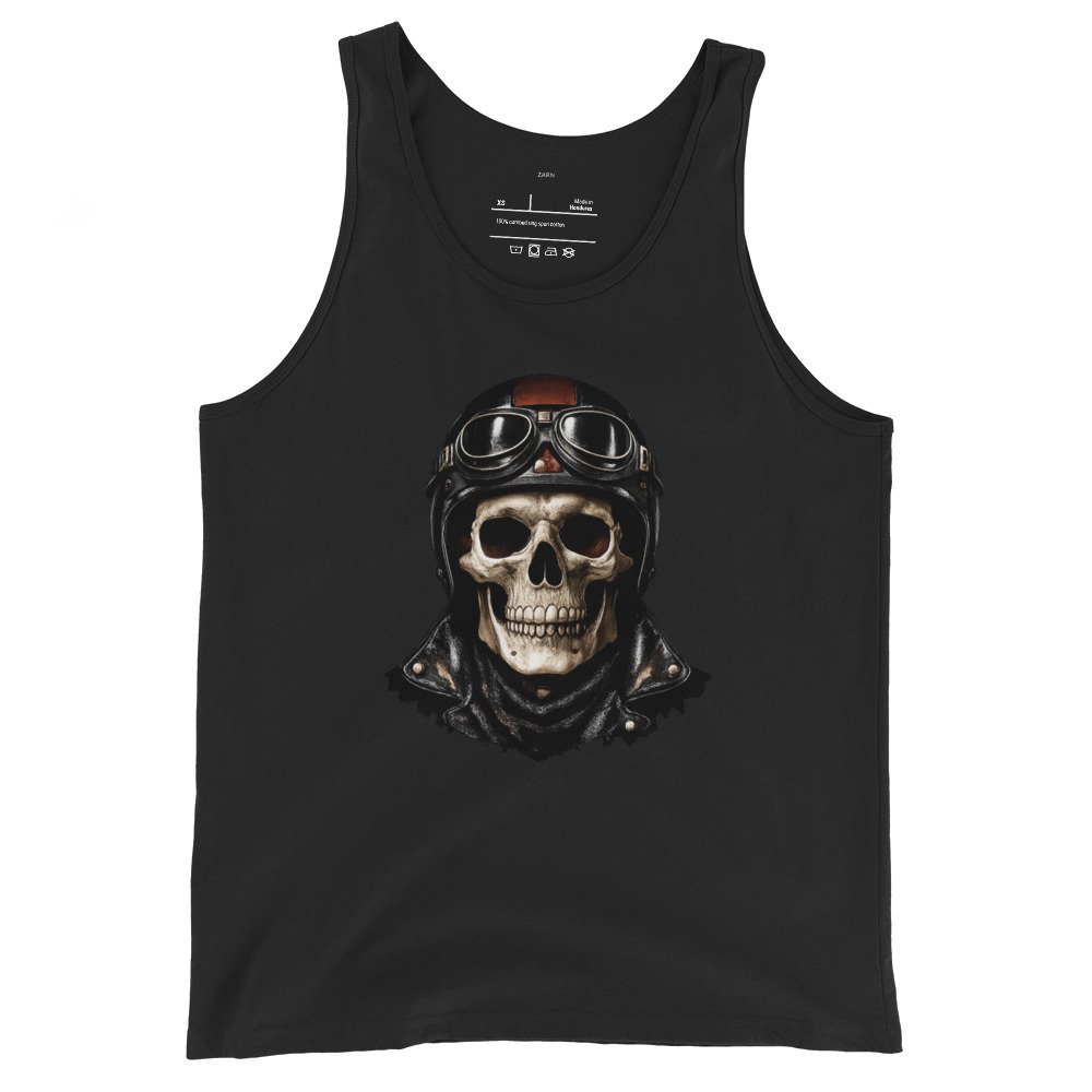 Męska koszulka na ramiączkach „Moto Skull Rider” – koszulka motocyklowa ze szkieletem w kasku retro| Zarn.pl Męska koszulka na ramiączkach „Moto Skull Rider” – koszulka motocyklowa ze szkieletem w kasku retro - obrazek 2
