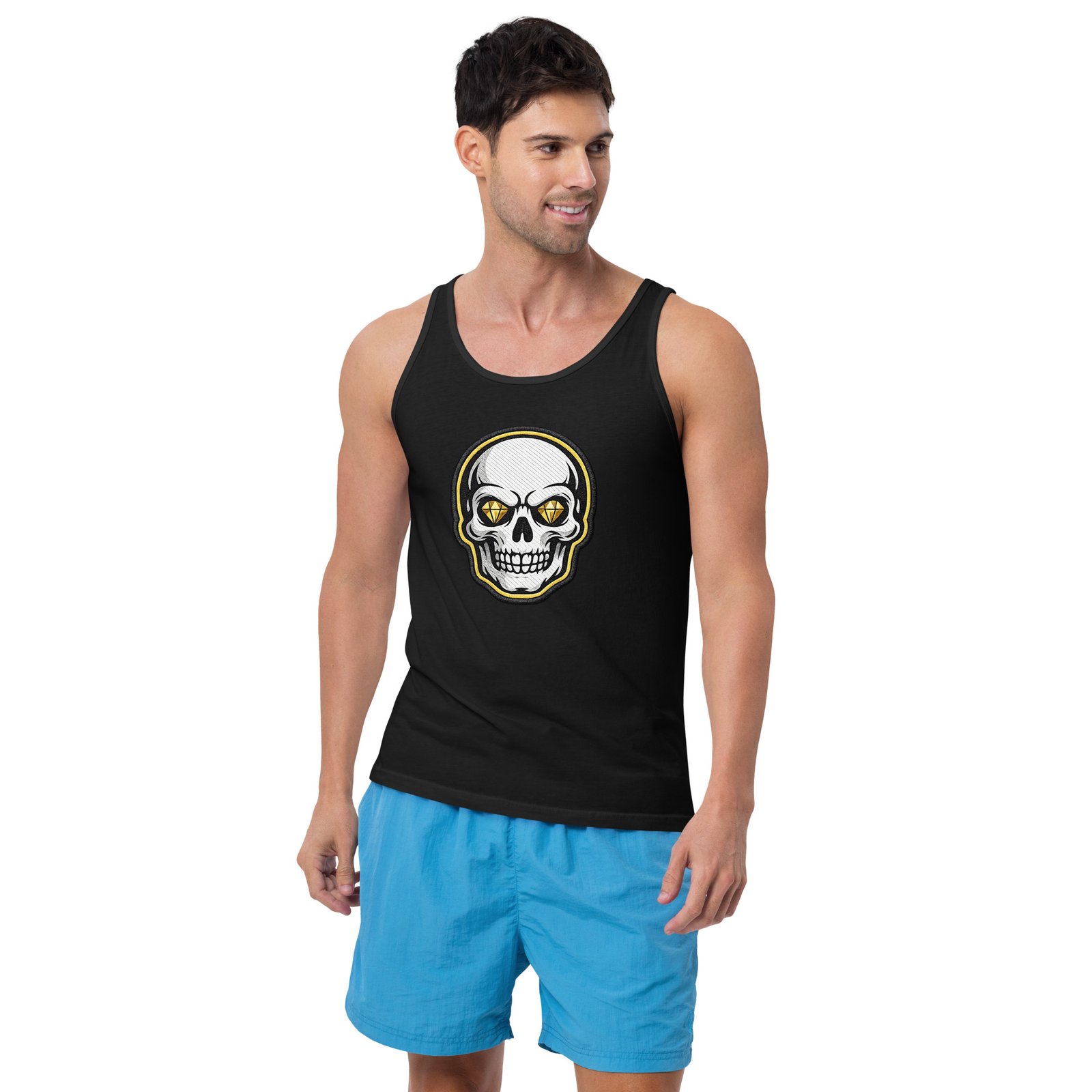 Męska koszulka na ramiączkach „Diamond Skull” – tank top z czaszką i diamentowymi oczami| Zarn.pl koszulka na ramiączkach z czaszką i diamentowymi oczami