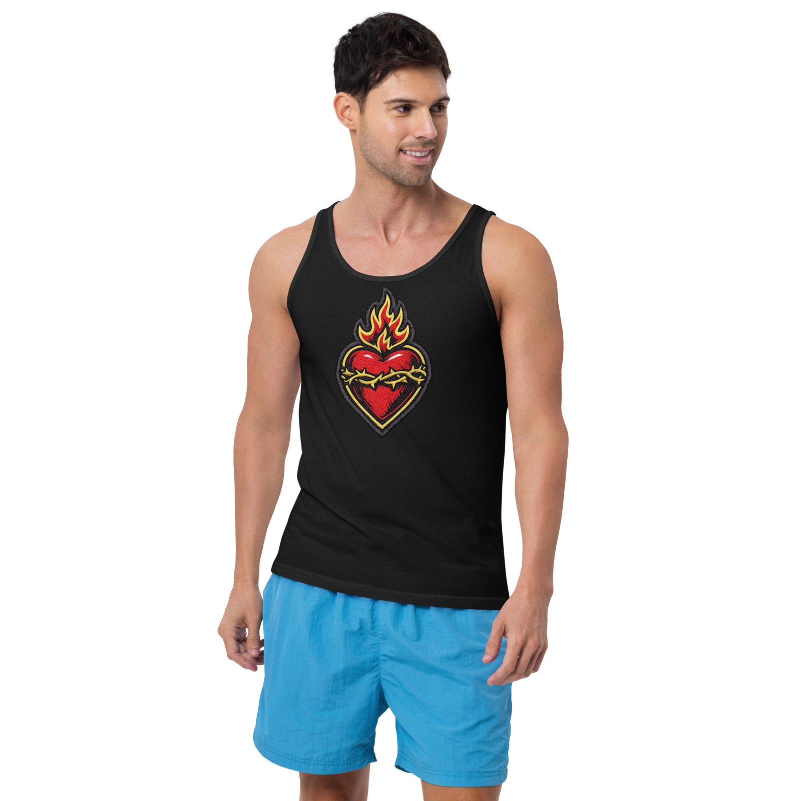 Męska koszulka na ramiączkach płonące serce – tank top sacred heart| Zarn.pl męska koszulka na ramiączkach płonące serce