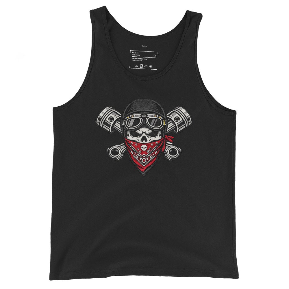 Męska koszulka na ramiączkach „Biker Skull” – koszulka motocyklisty z czaszką, tłokami i czerwoną bandaną| Zarn.pl Męska koszulka na ramiączkach „Biker Skull” – koszulka motocyklisty z czaszką, tłokami i czerwoną bandaną - obrazek 2