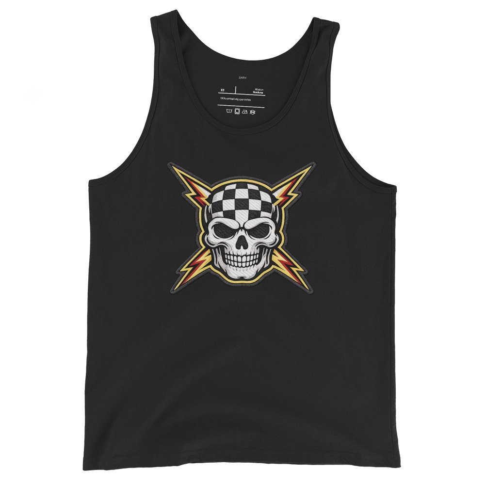 Męska koszulka na ramiączkach z czaszką i błyskawicami – rockowy tank top vintage| Zarn.pl Męska koszulka na ramiączkach z czaszką i błyskawicami – rockowy tank top vintage - obrazek 2