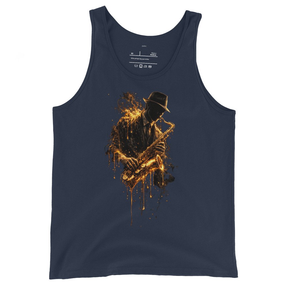 Koszulka na ramiączkach „Golden Jazz Soul” – artystyczna koszulka tank top z saksofonistą jazzowym| Zarn.pl Koszulka na ramiączkach „Golden Jazz Soul” – artystyczna koszulka tank top z saksofonistą jazzowym - obrazek 3