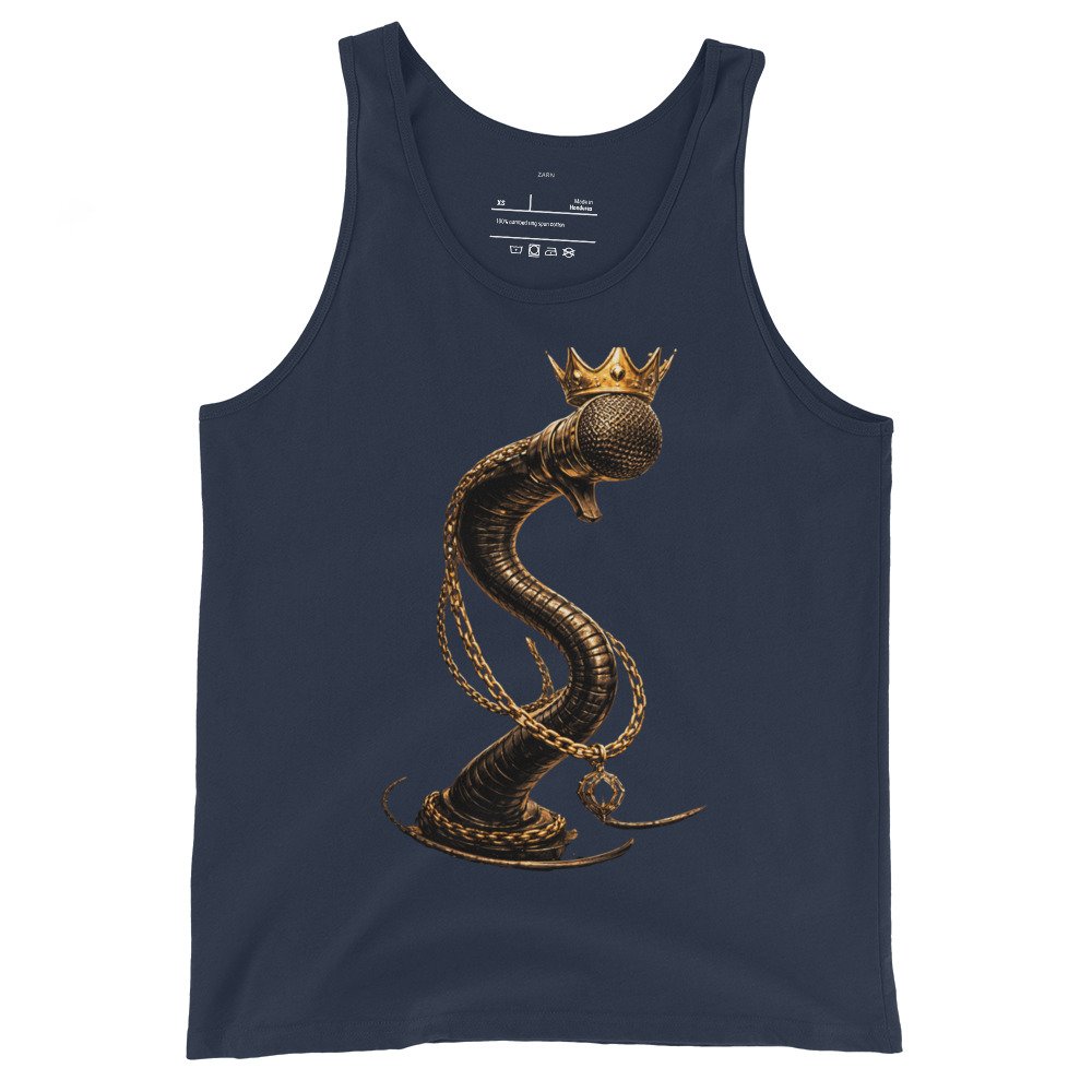 Koszulka na ramiączkach „Royal Flow” – artystyczna koszulka tank top z mikrofonem i złotym wężem| Zarn.pl Koszulka na ramiączkach „Royal Flow” – artystyczna koszulka tank top z mikrofonem i złotym wężem - obrazek 3