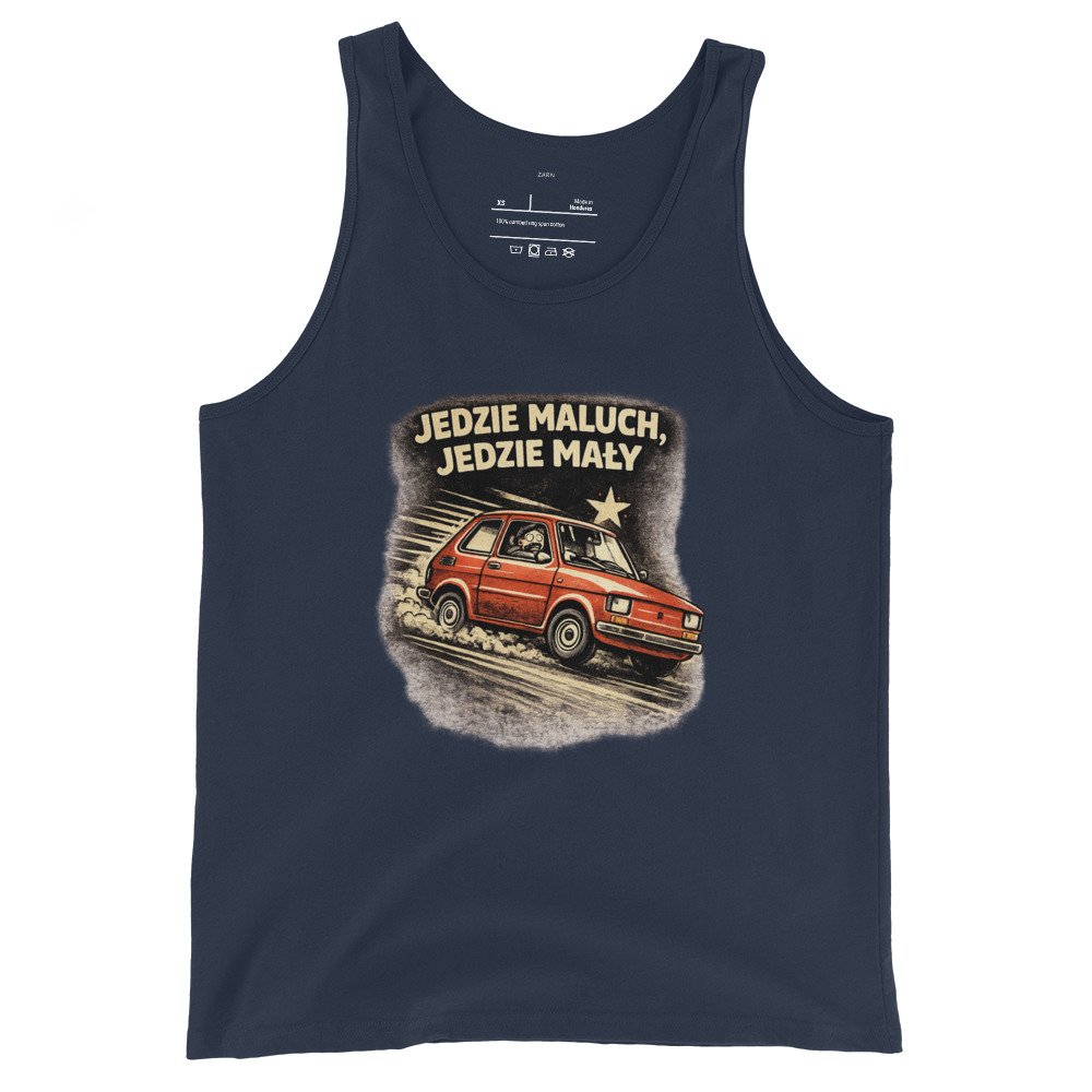 Męska koszulka na ramiączkach „Jedzie Maluch, Jedzie Mały” – tank top PRL z kultowym Fiatem 126p| Zarn.pl Męska koszulka na ramiączkach „Jedzie Maluch, Jedzie Mały” – tank top PRL z kultowym Fiatem 126p - obrazek 3