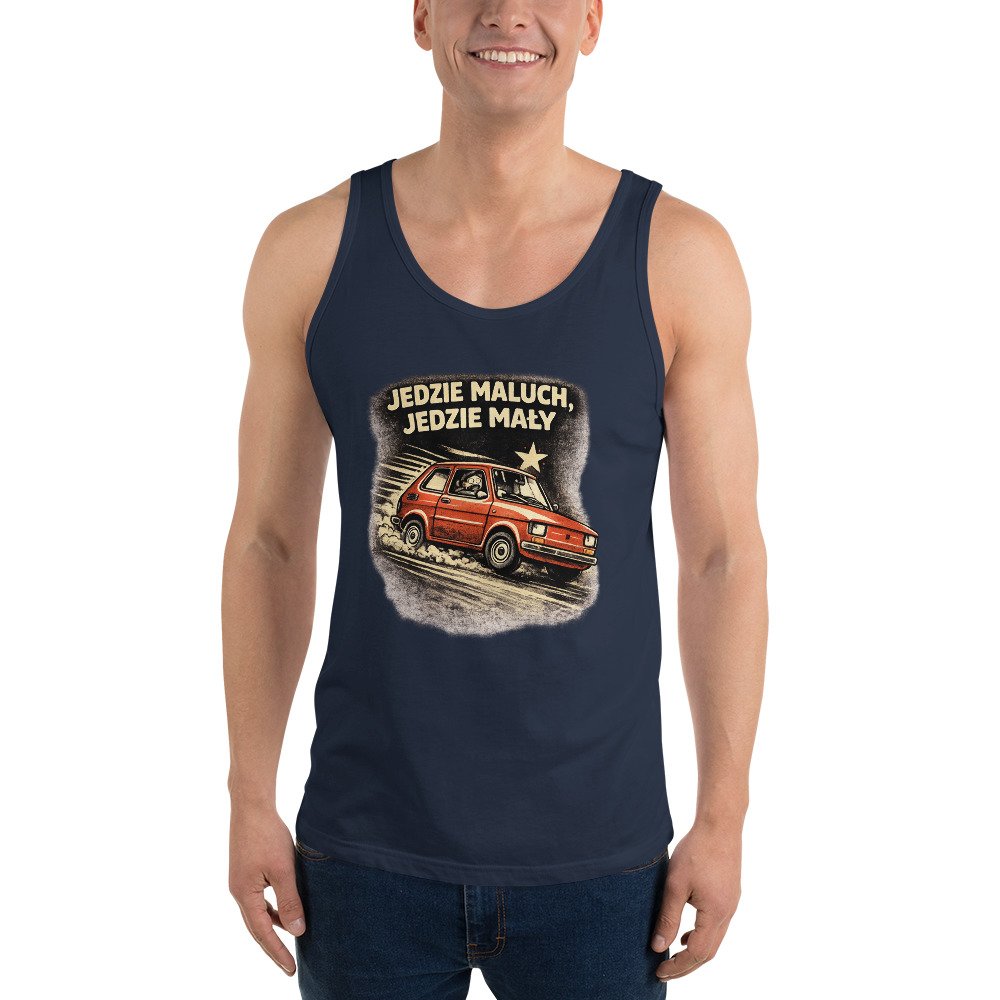 Męska koszulka na ramiączkach „Jedzie Maluch, Jedzie Mały” – tank top PRL z kultowym Fiatem 126p| Zarn.pl Męska koszulka na ramiączkach „Jedzie Maluch, Jedzie Mały” – tank top PRL z kultowym Fiatem 126p - obrazek 9