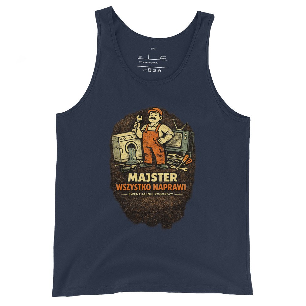 Męska koszulka na ramiączkach „Majster Wszystko Naprawi” – tank top PRL z humorystycznym mechanikiem retro| Zarn.pl Męska koszulka na ramiączkach „Majster Wszystko Naprawi” – tank top PRL z humorystycznym mechanikiem retro - obrazek 3