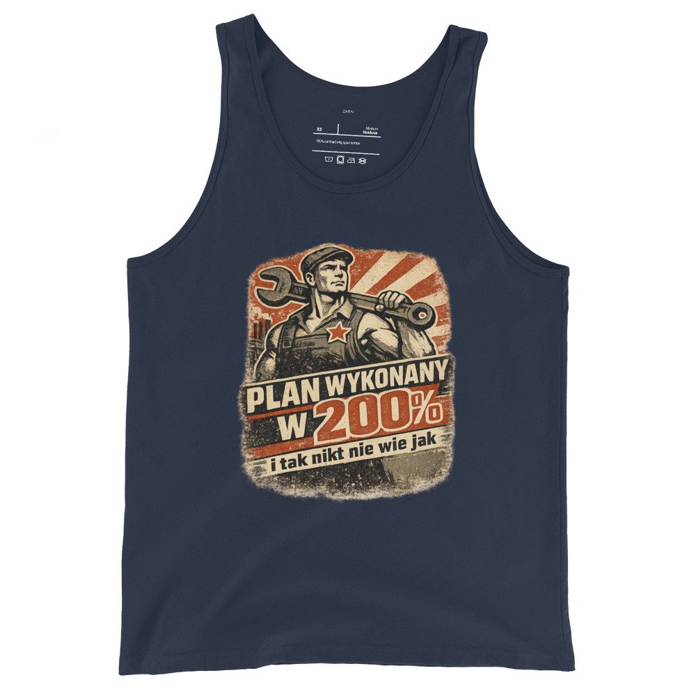 Męska koszulka na ramiączkach „Plan Wykonany w 200%” – tank top PRL z mechanikiem retro| Zarn.pl Męska koszulka na ramiączkach „Plan Wykonany w 200%” – tank top PRL z mechanikiem retro - obrazek 3