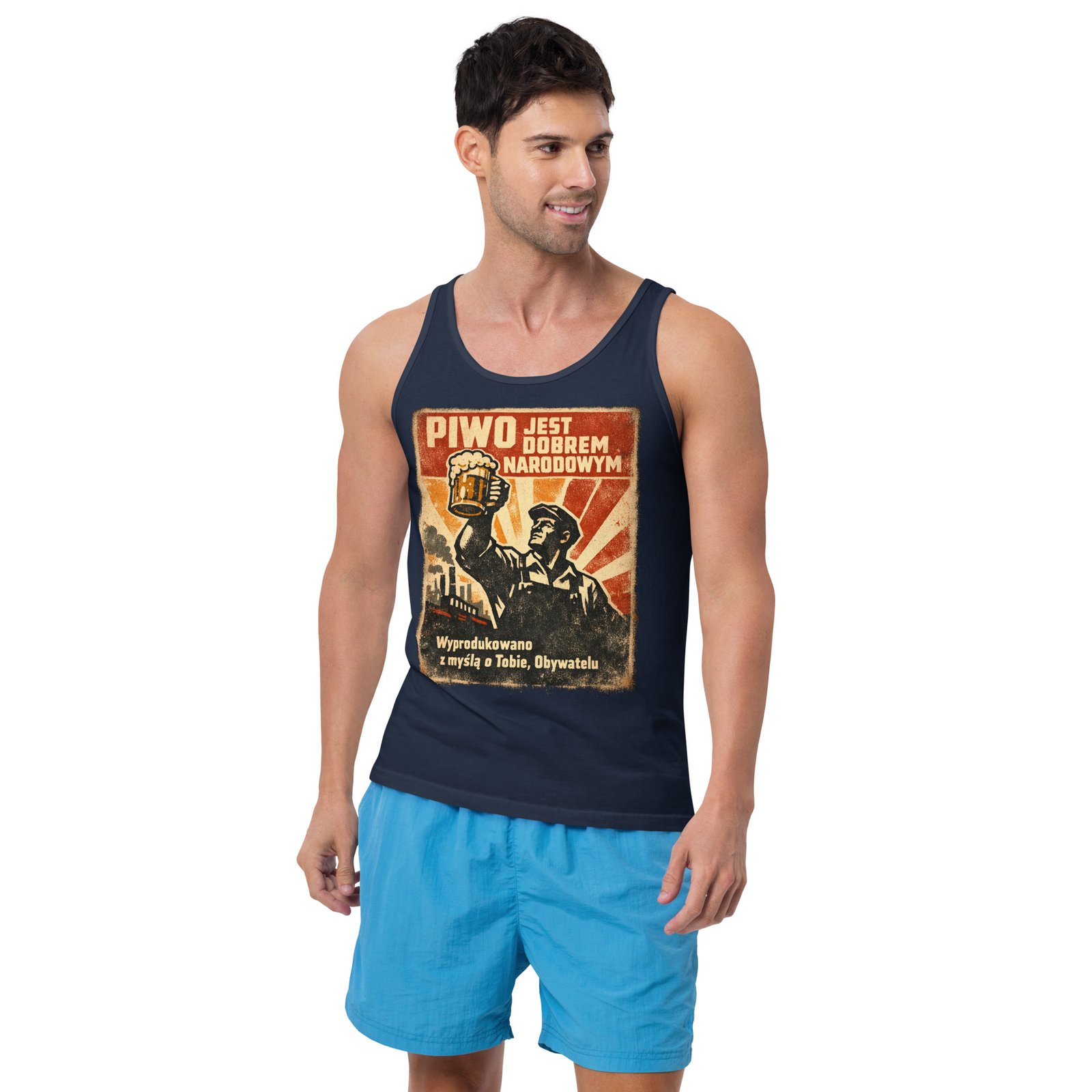 Męska koszulka na ramiączkach „Piwo Jest Dobrem Narodowym” – tank top PRL z kuflem piwa retro| Zarn.pl męska koszulka na ramiączkach PRL z piwem retro