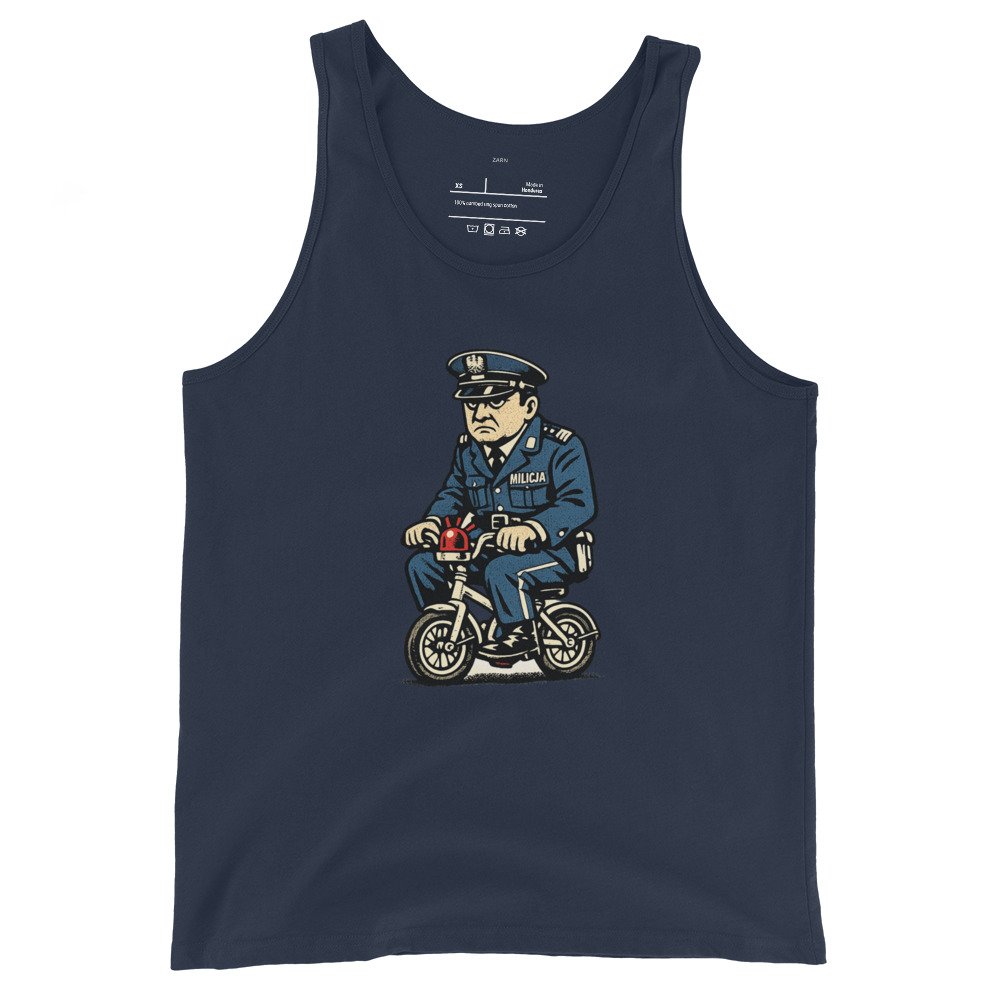 Męska koszulka na ramiączkach „Milicjant PRL” – tank top retro z milicją i rowerkiem| Zarn.pl Męska koszulka na ramiączkach „Milicjant PRL” – tank top retro z milicją i rowerkiem - obrazek 3