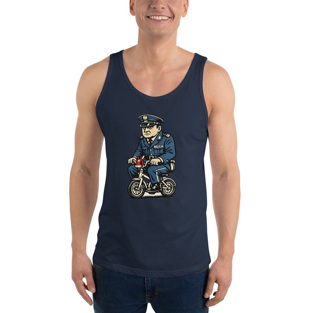 Męska koszulka na ramiączkach „Milicjant PRL” – tank top retro z milicją i rowerkiem| Zarn.pl Męska koszulka na ramiączkach „Milicjant PRL” – tank top retro z milicją i rowerkiem - obrazek 9