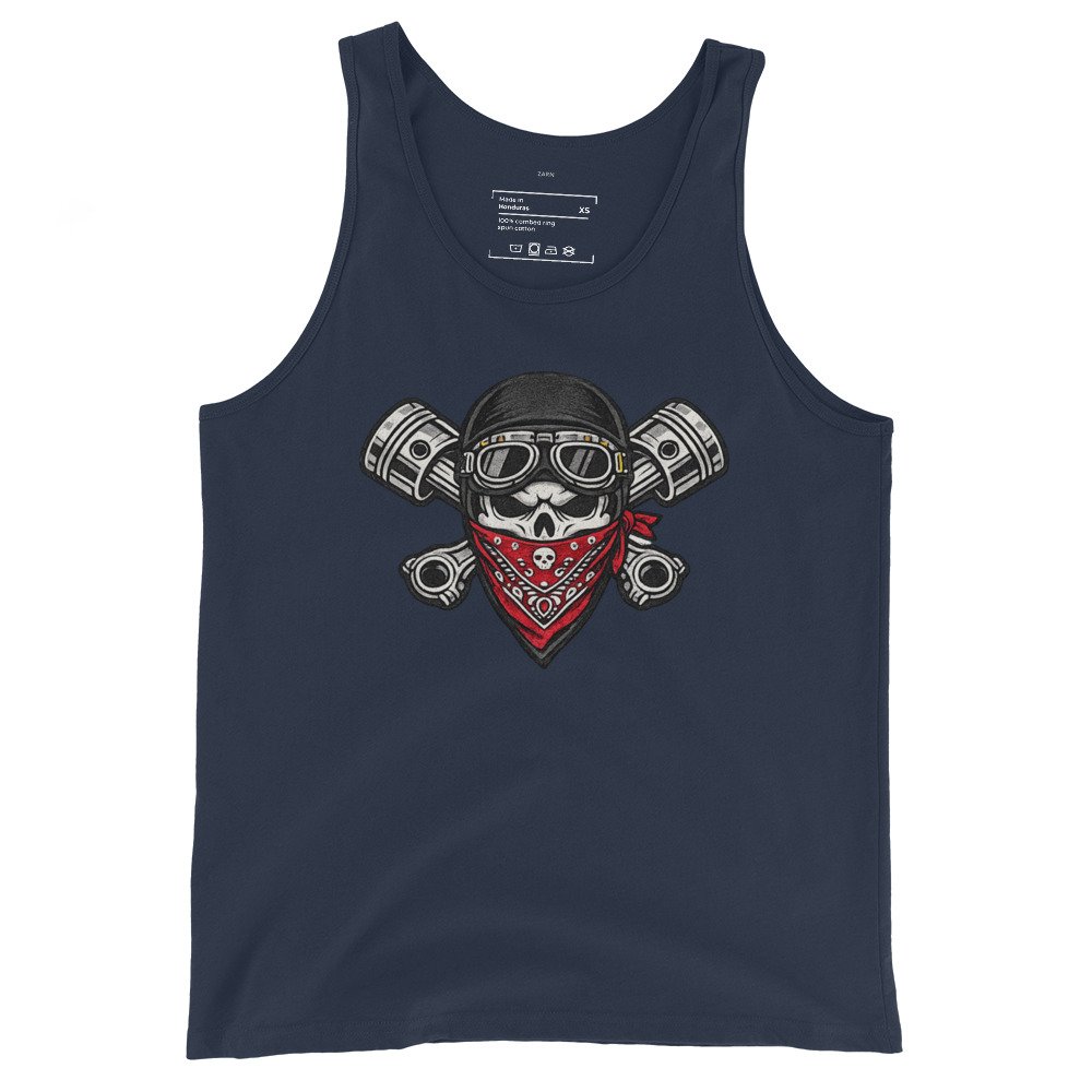 Męska koszulka na ramiączkach „Biker Skull” – koszulka motocyklisty z czaszką, tłokami i czerwoną bandaną| Zarn.pl Męska koszulka na ramiączkach „Biker Skull” – koszulka motocyklisty z czaszką, tłokami i czerwoną bandaną - obrazek 3
