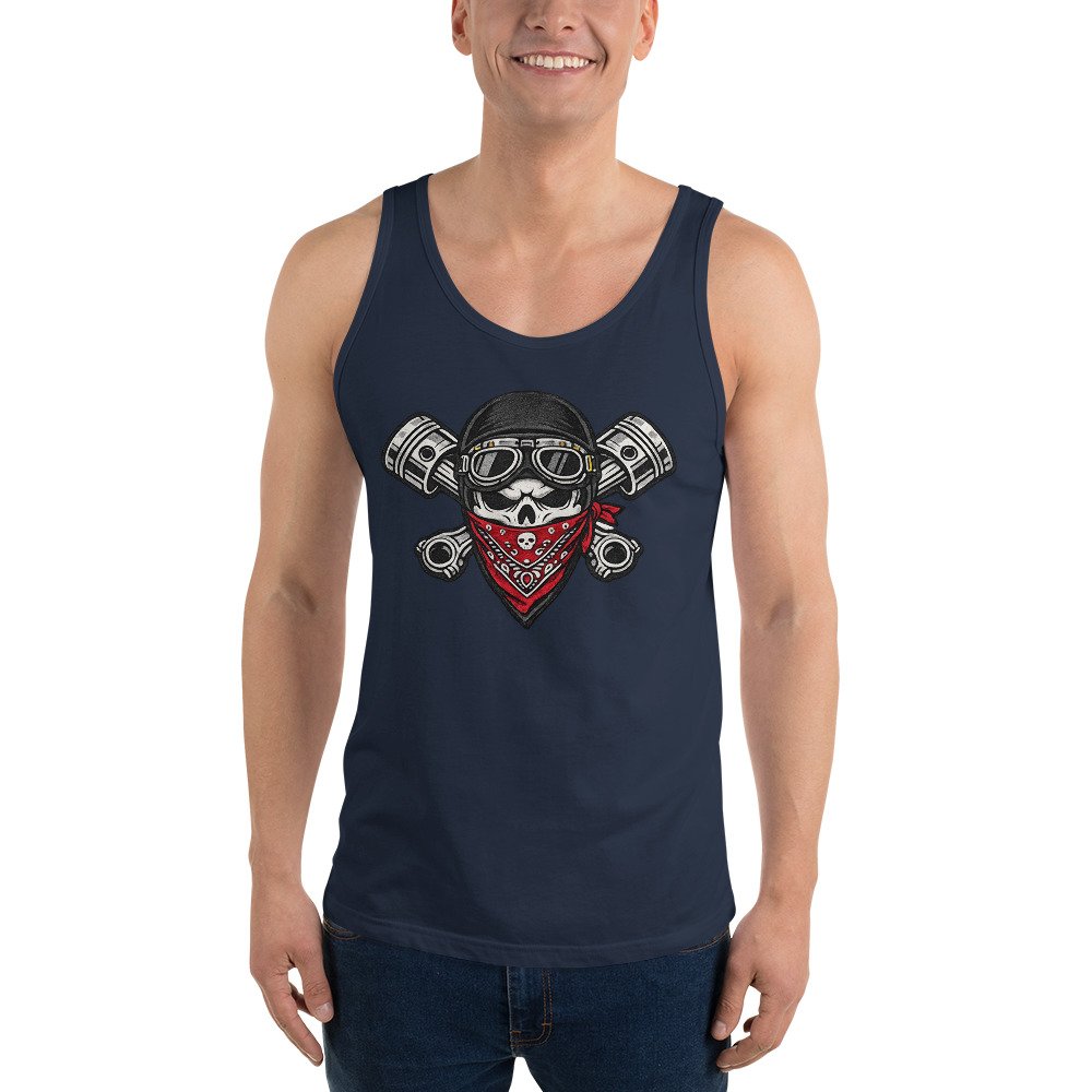 Męska koszulka na ramiączkach „Biker Skull” – koszulka motocyklisty z czaszką, tłokami i czerwoną bandaną| Zarn.pl Męska koszulka na ramiączkach „Biker Skull” – koszulka motocyklisty z czaszką, tłokami i czerwoną bandaną - obrazek 9