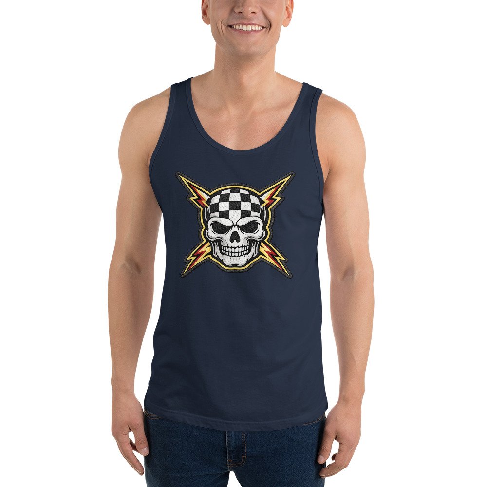 Męska koszulka na ramiączkach z czaszką i błyskawicami – rockowy tank top vintage| Zarn.pl Męska koszulka na ramiączkach z czaszką i błyskawicami – rockowy tank top vintage - obrazek 8