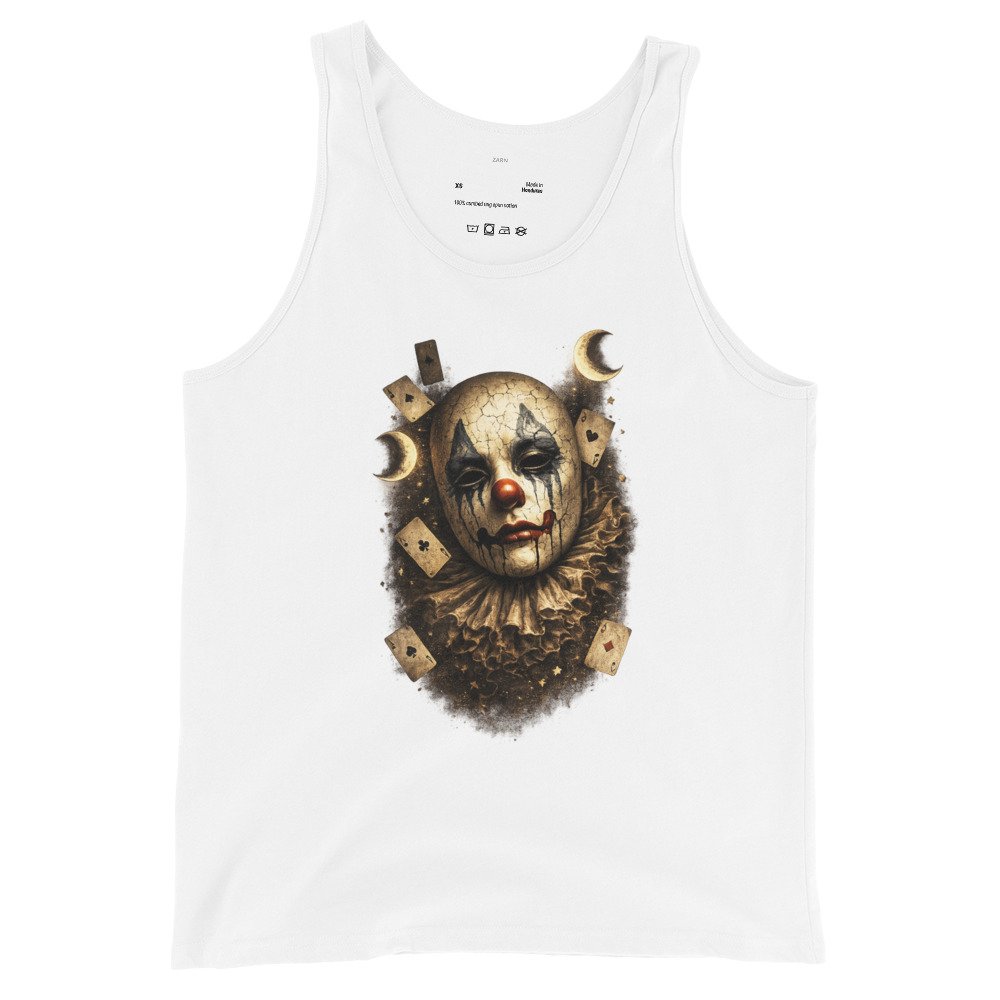 Męska koszulka na ramiączkach „Mroczny Klaun” – koszulka tank top z artystyczną maską klauna| Zarn.pl Męska koszulka na ramiączkach „Mroczny Klaun” – koszulka tank top z artystyczną maską klauna - obrazek 4