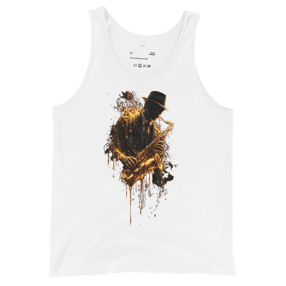 Koszulka na ramiączkach „Golden Jazz Soul” – artystyczna koszulka tank top z saksofonistą jazzowym| Zarn.pl Koszulka na ramiączkach „Golden Jazz Soul” – artystyczna koszulka tank top z saksofonistą jazzowym - obrazek 4