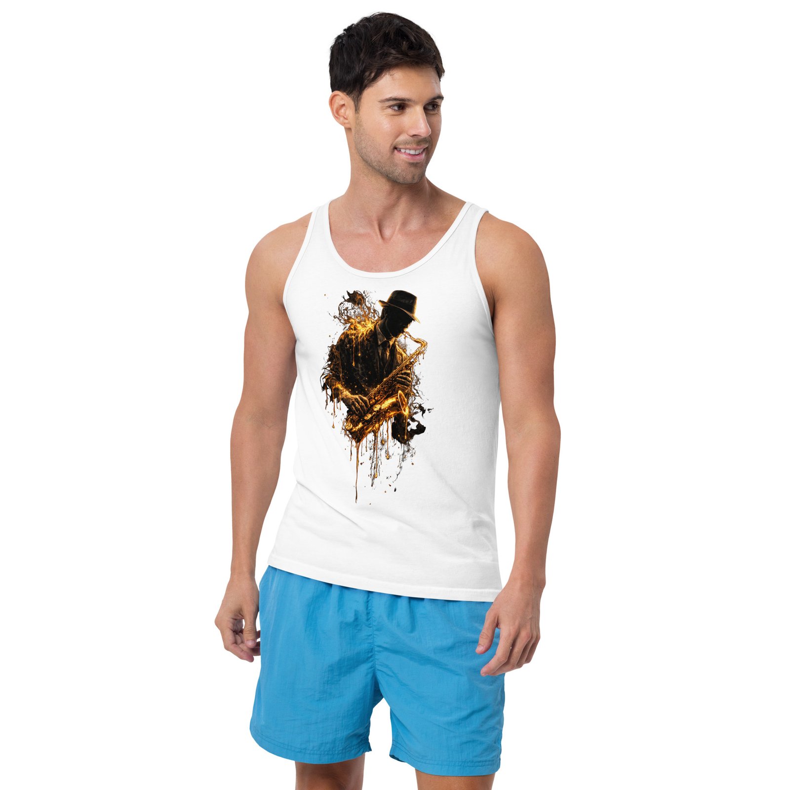 Koszulka na ramiączkach „Golden Jazz Soul” – artystyczna koszulka tank top z saksofonistą jazzowym| Zarn.pl Koszulka na ramiączkach „Golden Jazz Soul” – artystyczna koszulka tank top z saksofonistą jazzowym - obrazek 9