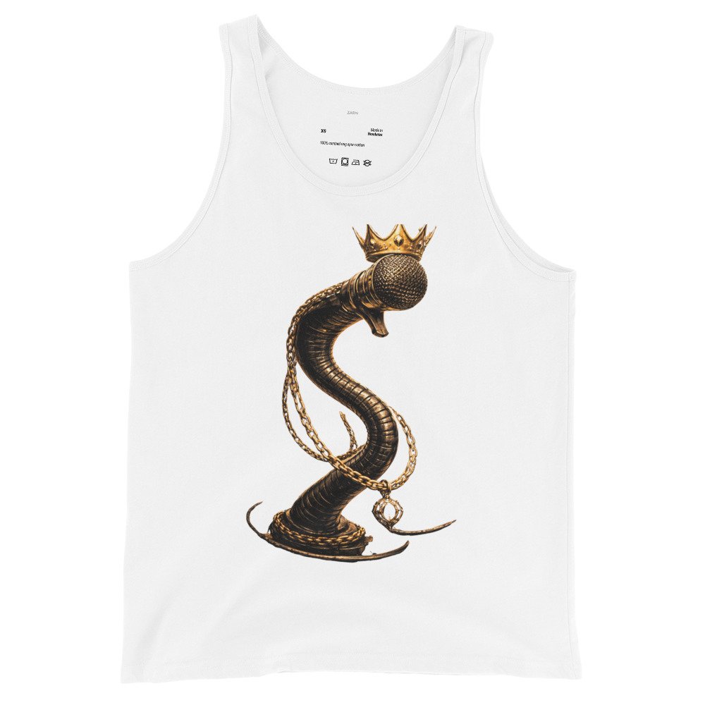 Koszulka na ramiączkach „Royal Flow” – artystyczna koszulka tank top z mikrofonem i złotym wężem| Zarn.pl Koszulka na ramiączkach „Royal Flow” – artystyczna koszulka tank top z mikrofonem i złotym wężem - obrazek 4