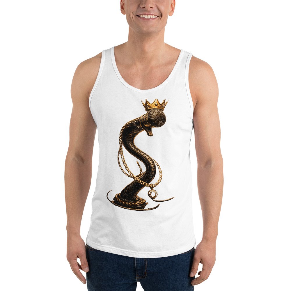Koszulka na ramiączkach „Royal Flow” – artystyczna koszulka tank top z mikrofonem i złotym wężem| Zarn.pl koszulka tank top z mikrofonem i złotym wężem