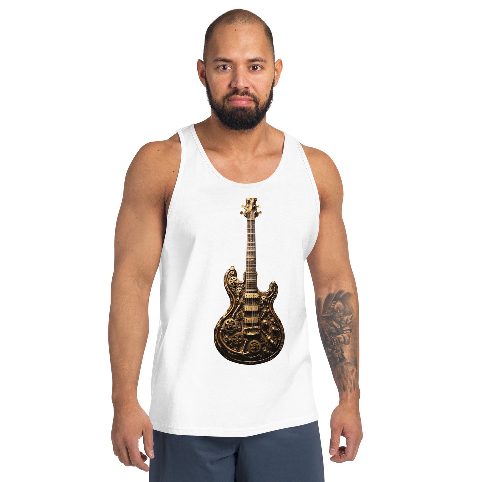 Męska koszulka na ramiączkach „Steampunk Guitar” – koszulka z mechaniczną gitarą elektryczną| Zarn.pl męska koszulka z mechaniczną gitarą elektryczną