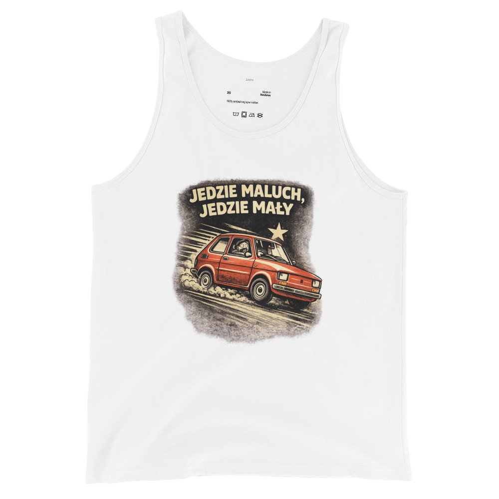 Męska koszulka na ramiączkach „Jedzie Maluch, Jedzie Mały” – tank top PRL z kultowym Fiatem 126p| Zarn.pl Męska koszulka na ramiączkach „Jedzie Maluch, Jedzie Mały” – tank top PRL z kultowym Fiatem 126p - obrazek 4