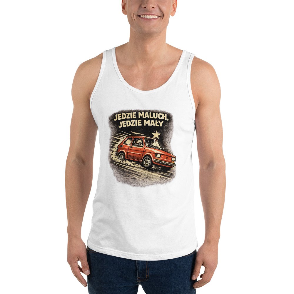 Męska koszulka na ramiączkach „Jedzie Maluch, Jedzie Mały” – tank top PRL z kultowym Fiatem 126p| Zarn.pl męska koszulka na ramiączkach z Fiatem 126p PRL